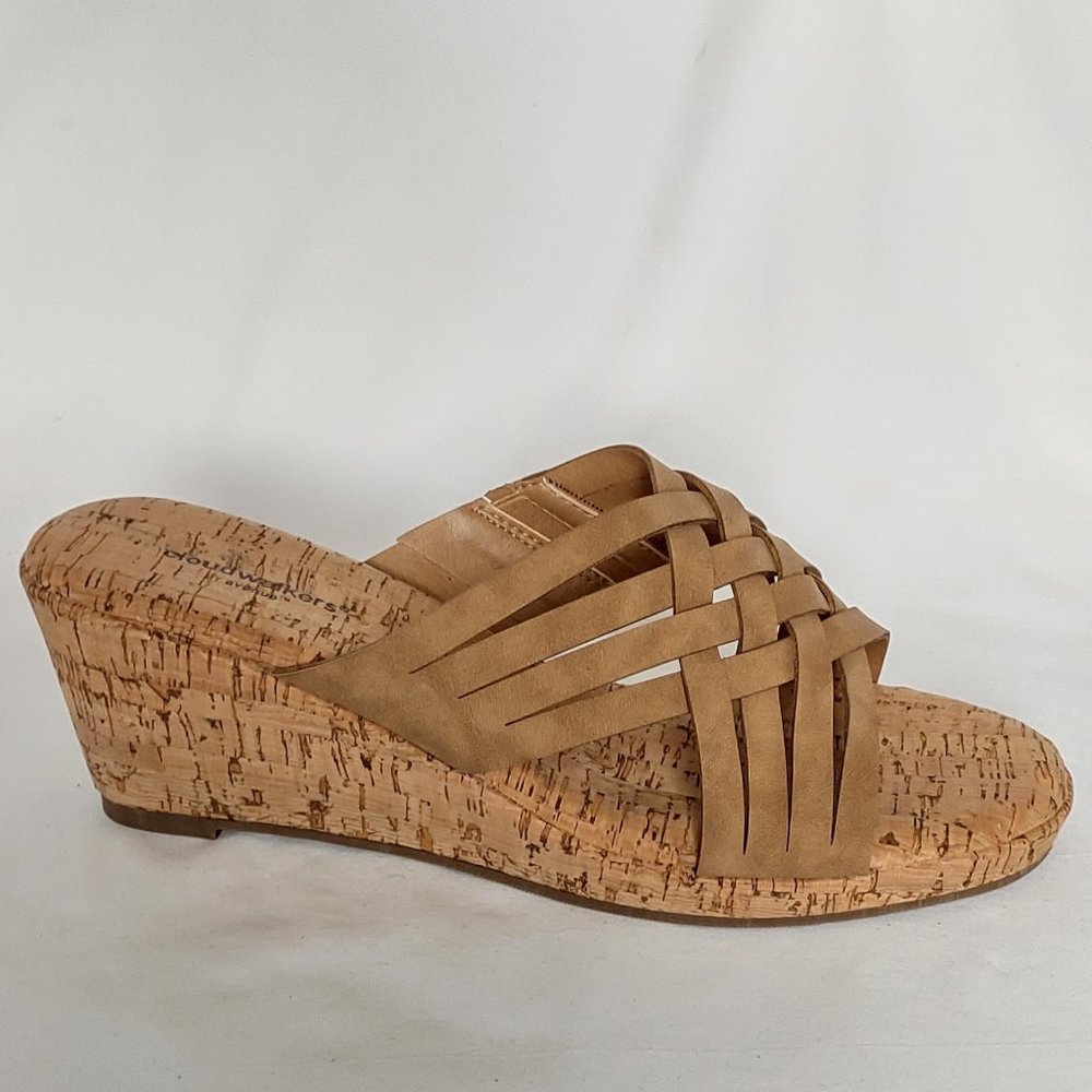 CLOUDWALKERS NEW Beige Tan Slide Sandals 11 W Wide Cork Wedge Woven Faux Suede